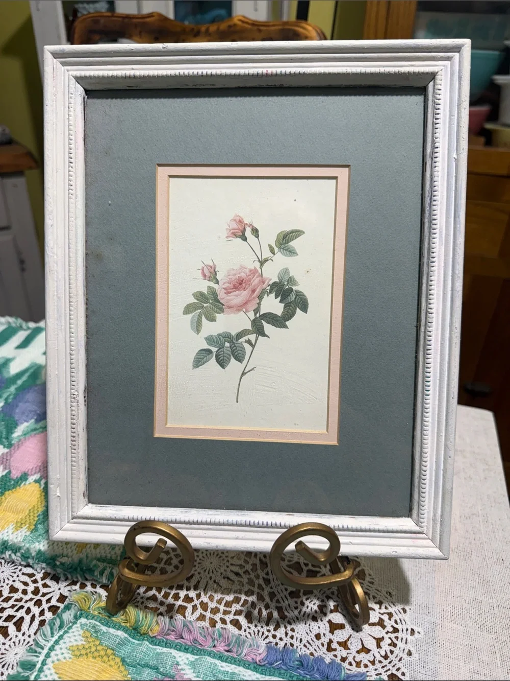 Home Interiors White Frame with Pink Rose Print and Green Mat